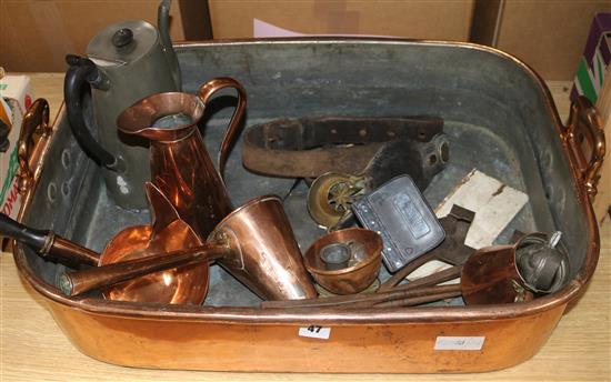 A collection of metalware including a copper beer mullen